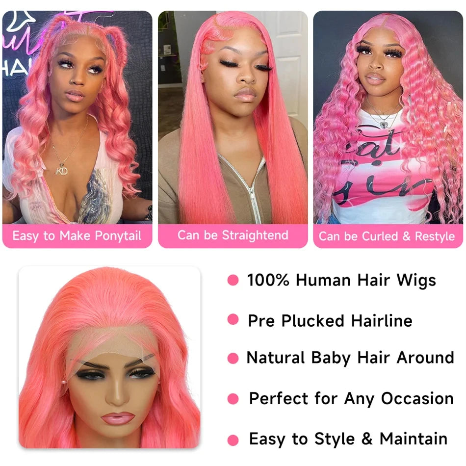 Body Wave 13x4 13x6 Hd Lace Frontal Wig Pre Plucked Transparent Colored pink