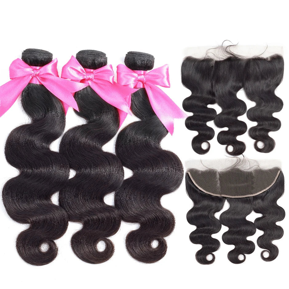 Human Hair Bundles With Frontal 13*4 Pre Plucked Lace Frontal Remy Peruvian body Wave