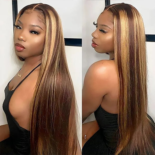Wear And Go Glueless Human Hair Wig Hair Highlight Malaysian Straight Lace Frontal Wigs HD 4/27 Lace Colored